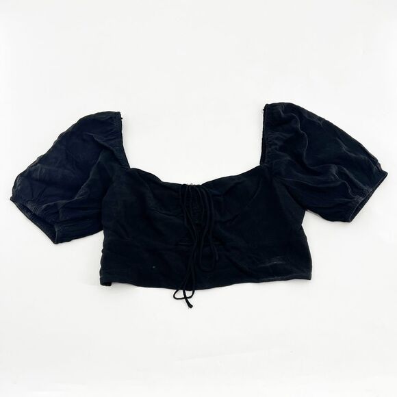 Elodie Puff Sleeve Crop Top Womens Size L Black‎ Tie Ruched Smocked Boho - Picture 1 of 5